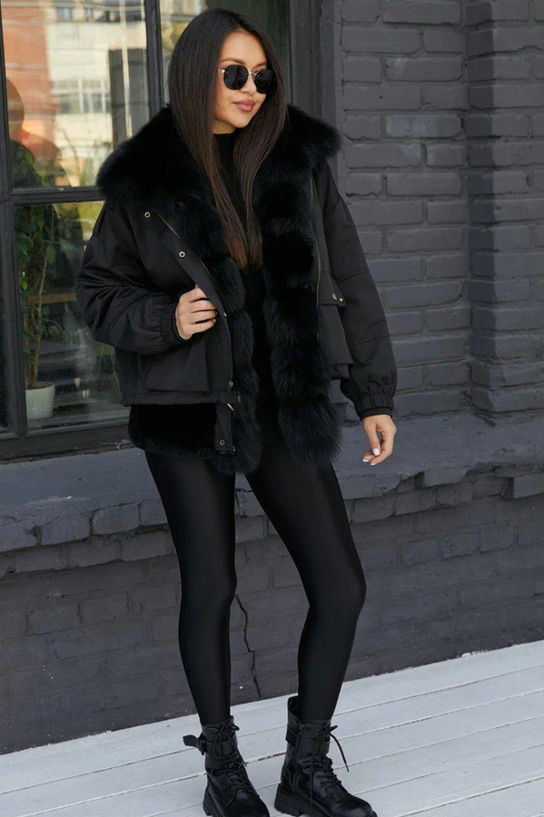 Теплый пуховик 2025-2026 с мехом черный