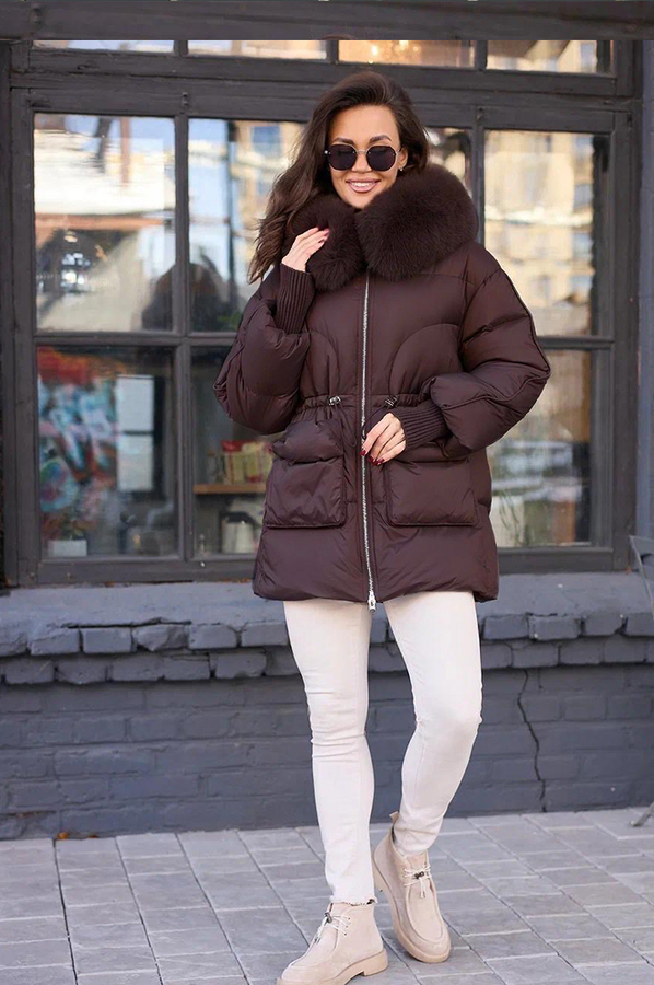 Дутое пальто пуховое с мехом песца