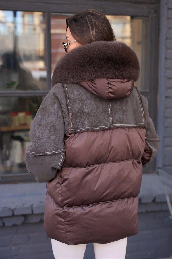 Дутое пальто пуховое с мехом песца